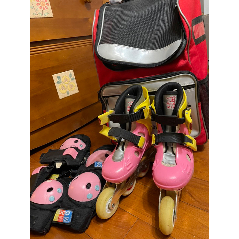 《現貨》MIT 鴻達精品 二手全套 17.5公分 粉色黃色 全套配備 熱銷兒童入門款直排輪鞋 初學輪滑溜冰鞋鴻達直排輪鞋