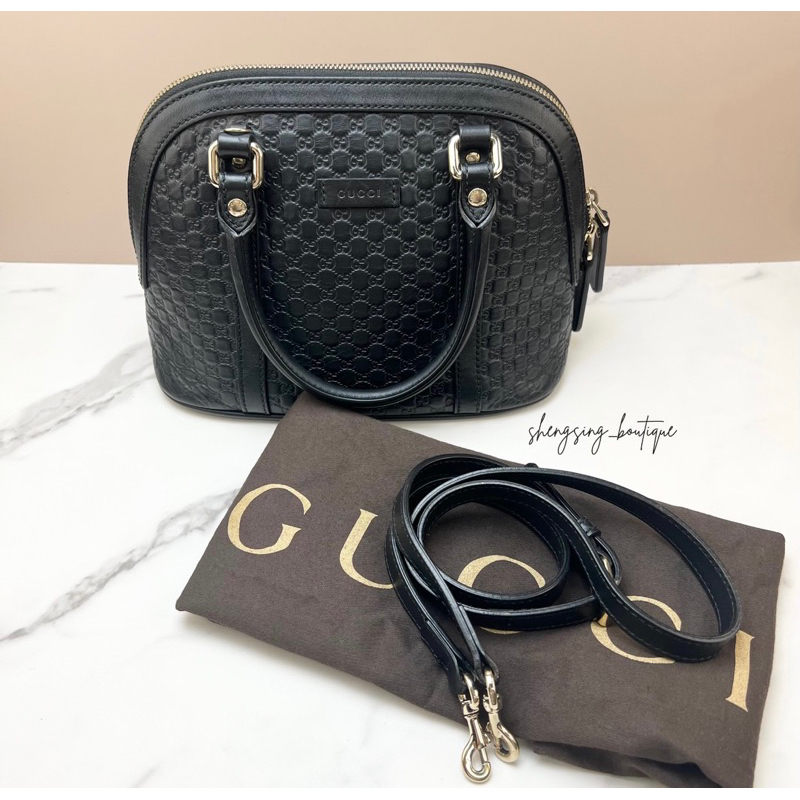 [二手正品]gucci 449654 guccissima 雙G皮革壓紋 貝殼包 手提包 斜背包 黑色