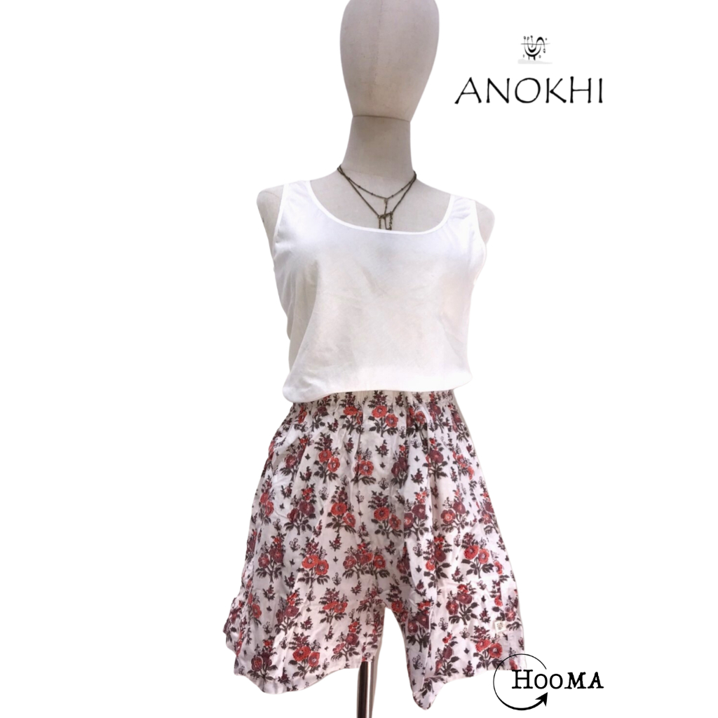 HOOMA 印度 Anokhi手工蓋印居家短褲白底紅花 系列 （厚款） 2023夏季