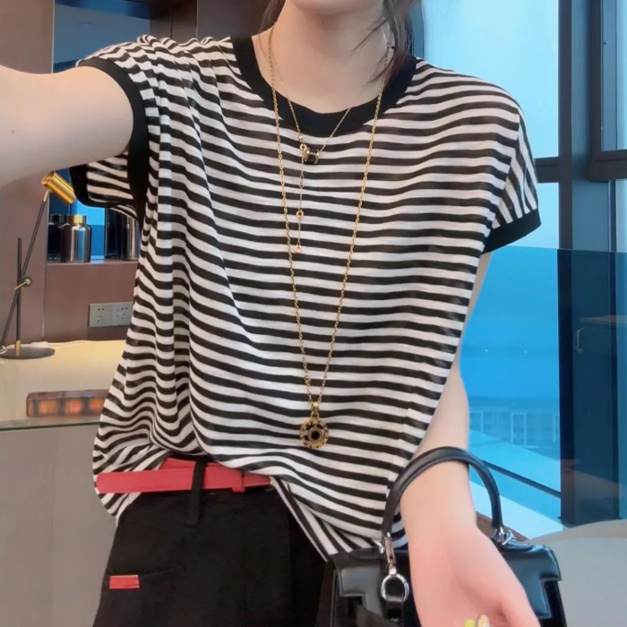 雅麗安娜 針織衫 上衣 短袖T卹 M-2XL韓版T卹圓領顯瘦顯白百搭條紋短袖上衣菲A009-9569.