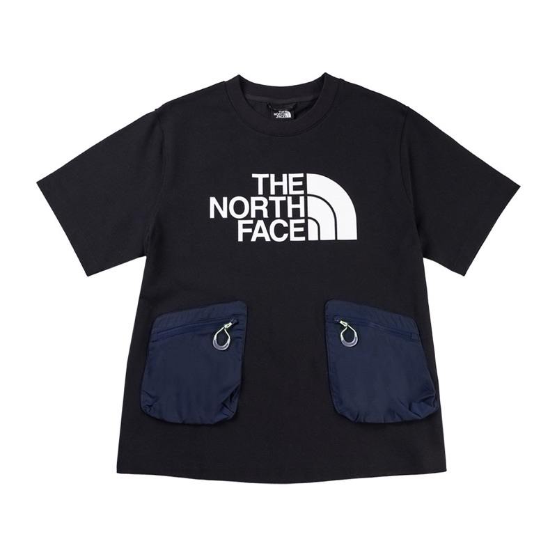 【全新已降價】The North Face北面UE女款黑藍拼接雙拉鍊異材質口袋短袖T恤｜7W9B92H m號