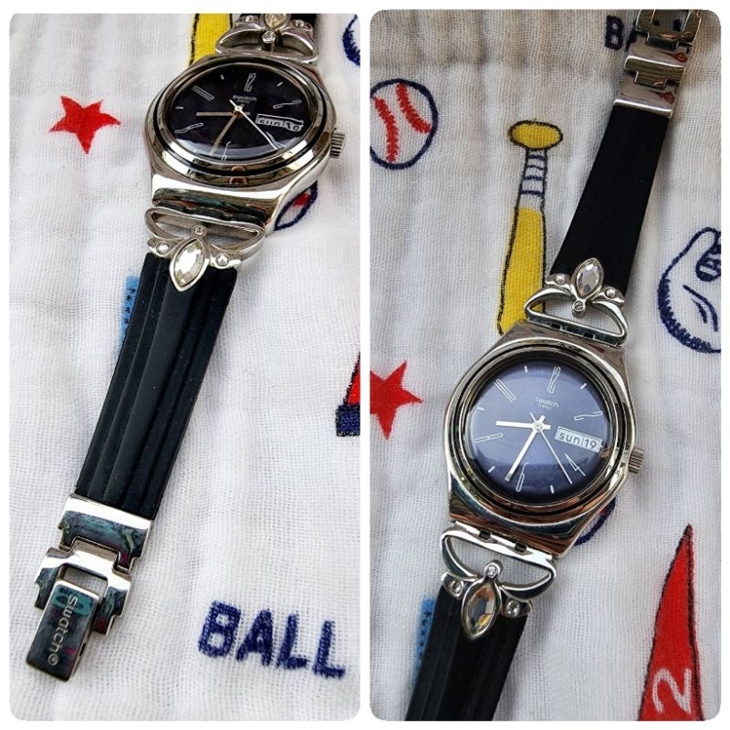 二手錶⌚️swatch MOROCCAN NIGHT 黑色手錶 有日期/星期 不銹鋼混合材質錶帶 防水3bar