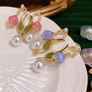 💕姐姐飾品小屋💕 S925銀針法式復古仙氣浪漫鬱金香花朵珍珠耳環設計感耳飾
