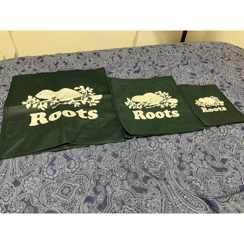 絕版 限量 ROOTS 環保袋 不織布  綠色 芝麻灰 森林 標籤滿版