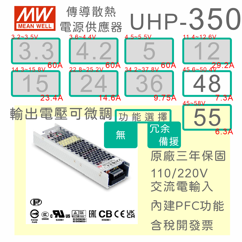 【保固附發票】MW 明緯 PFC 350W 傳導散熱電源 UHP-350-48 48V 55 55V 螢幕 顯示屏 馬達