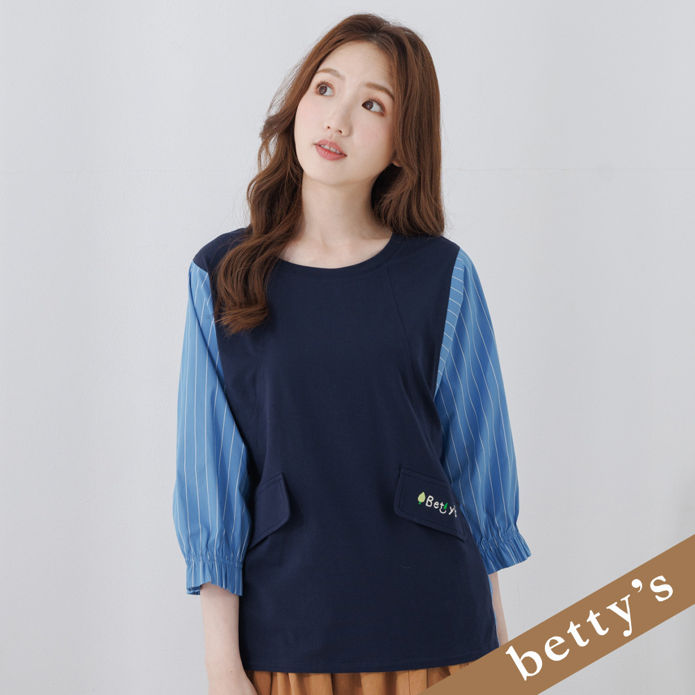betty’s貝蒂思(25)條紋拼接圓領長袖上衣(深藍色)