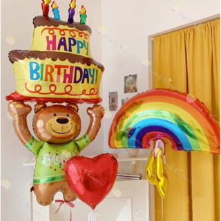 甜妞節慶♥台灣現貨♥【48寸蛋糕小熊氣球】韓國ins小熊造型氣球 彩虹氣球 生日氣球 寶寶周歲 派對佈置 生日派對
