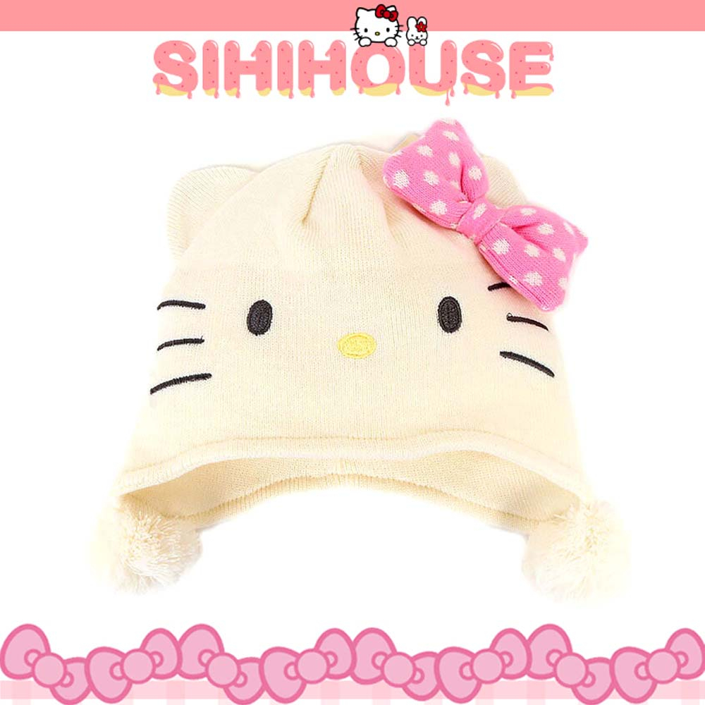 【sanrio三麗鷗】Hello Kitty白色毛球可愛貓耳孩童針織帽/帽子/保暖帽/今日最便宜/貨到付款/現貨/禮物