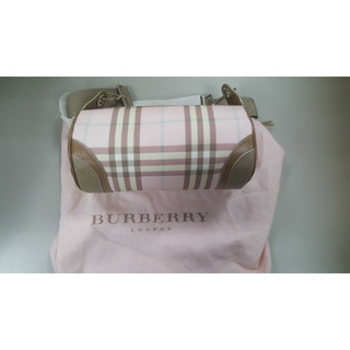 BURBERRY 經典 直格 紋防水 PVC 牛皮飾邊圓筒 斜肩背包 粉紅格紋肩背包