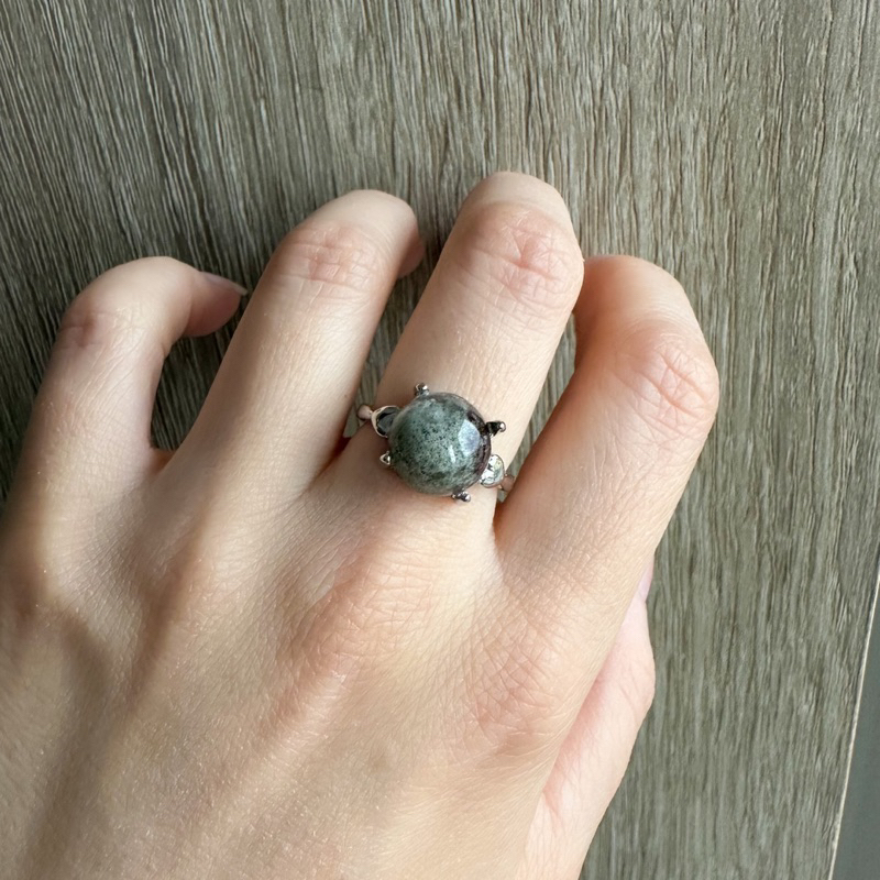 天然水晶礦石幽靈戒指R156蛋面滿礦綠幽半銀戒指