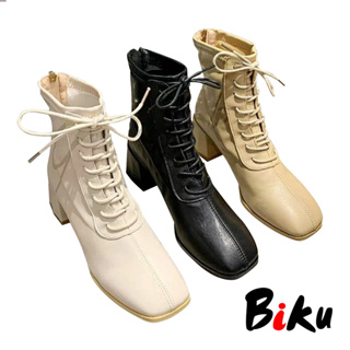 韓系 顯瘦質感彈力軟皮革綁帶後拉鏈方頭粗跟短靴 馬丁靴-BIKU/B酷