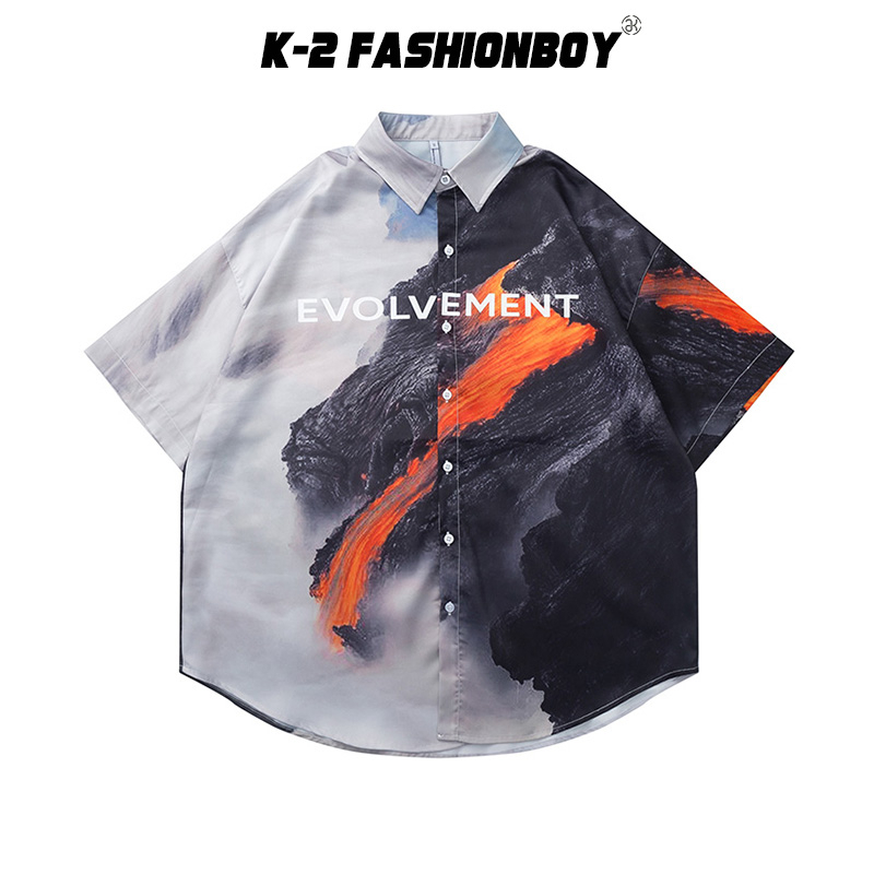 【K-2】 evolvement EVO 熔岩 短袖襯衫 排釦 景色 岩漿 火山 短袖 特色襯衫 穿搭【AE2128】