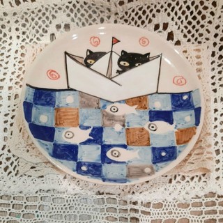 免運泰國手工杯盤 16公分貓咪帆船圓盤 nice little clay
