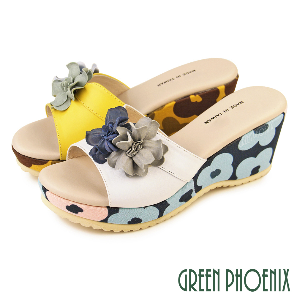 【GREEN PHOENIX】粉彩花朵全真皮輕量厚底楔型拖鞋-女款 台灣製 U27-20895