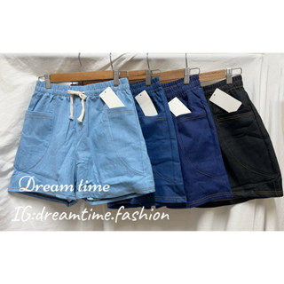 【Dream time】臺灣出貨 實品實拍 韓系高腰鬆緊大口袋牛仔短褲 休閒短褲 短褲女 女裝 單寧牛仔 抽繩短褲
