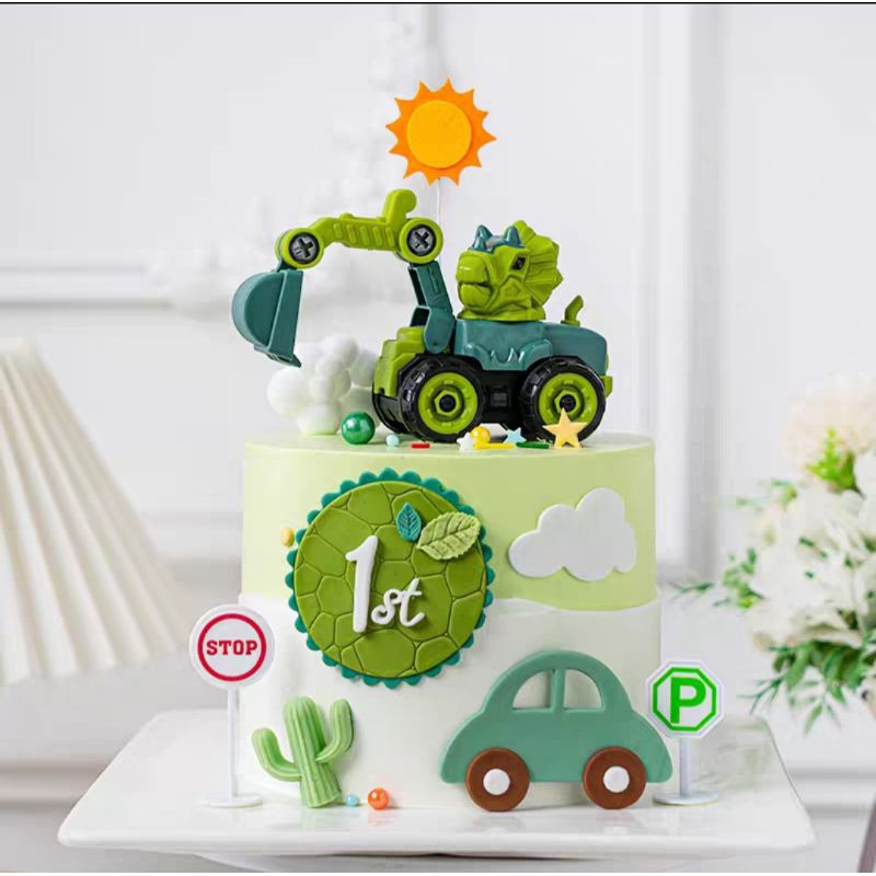 #台灣現貨#恐龍工程車烘焙蛋糕裝飾擺件挖土機小汽車男孩生日派對蛋糕裝飾擺件