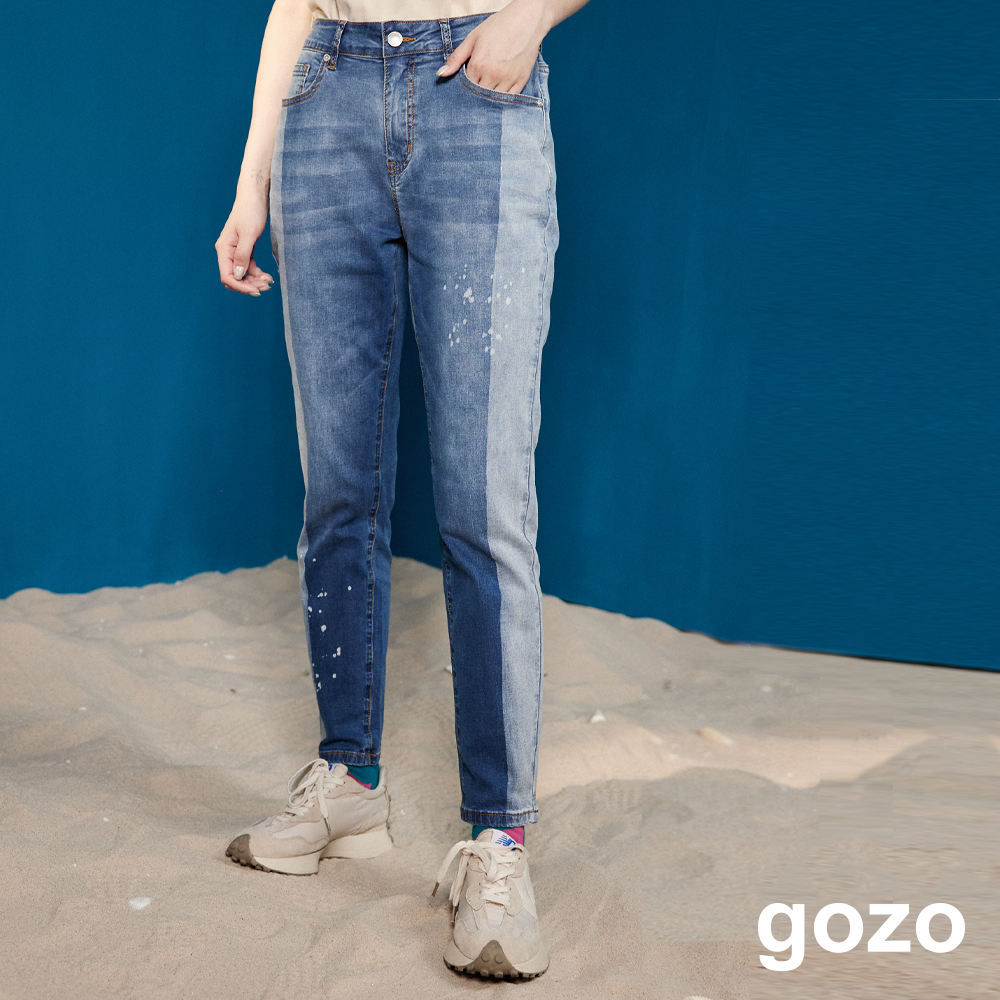【gozo】潑點深淺洗色彈力修身牛仔褲(藍色_S/M/L) | 牛仔 修身 百搭