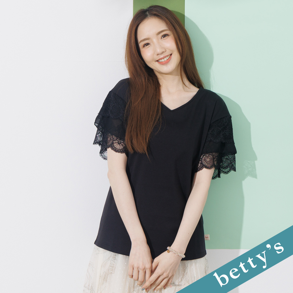 betty’s貝蒂思(21)蕾絲袖子V領上衣(黑色)
