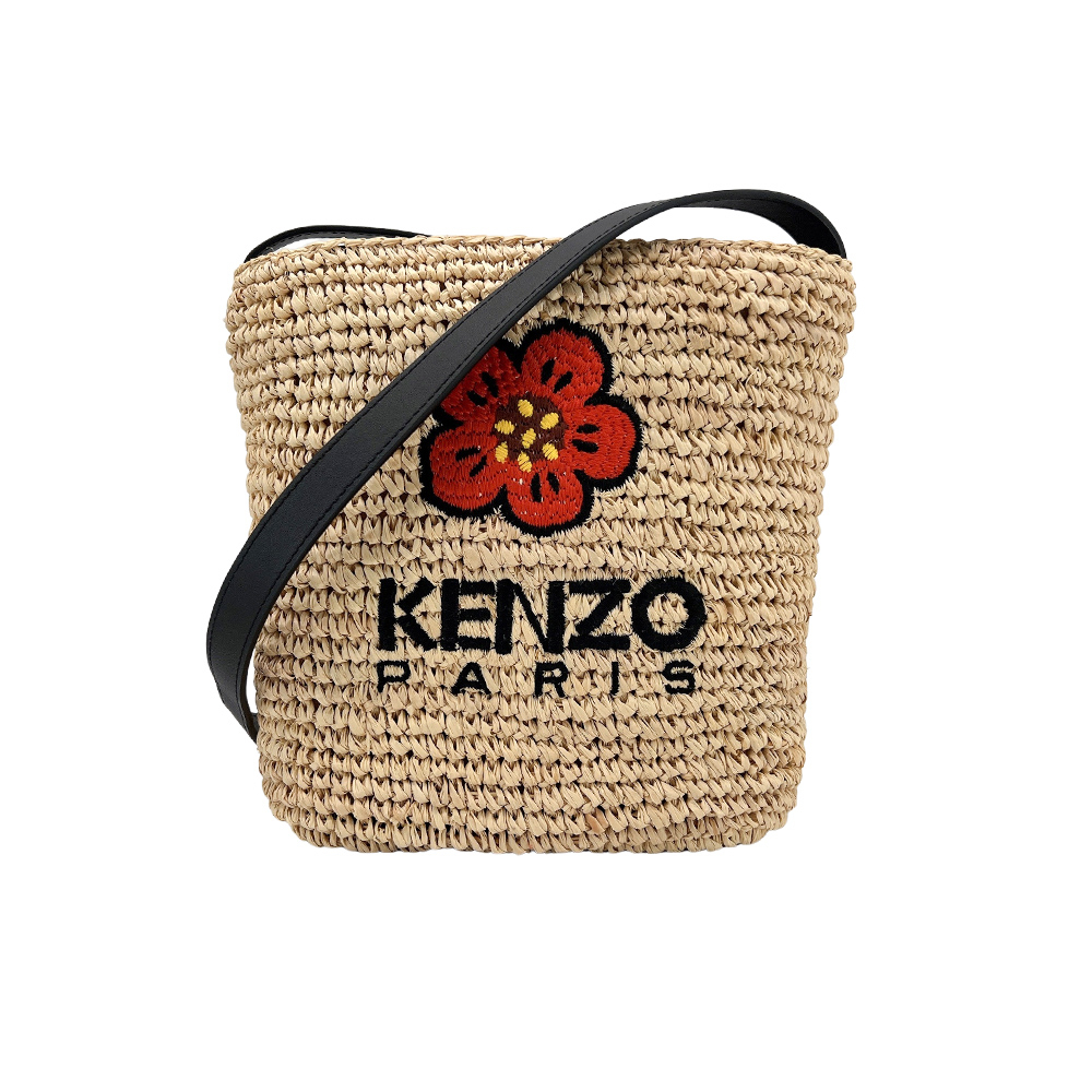 Kenzo 小花刺繡標誌草編迷你斜背包(米)