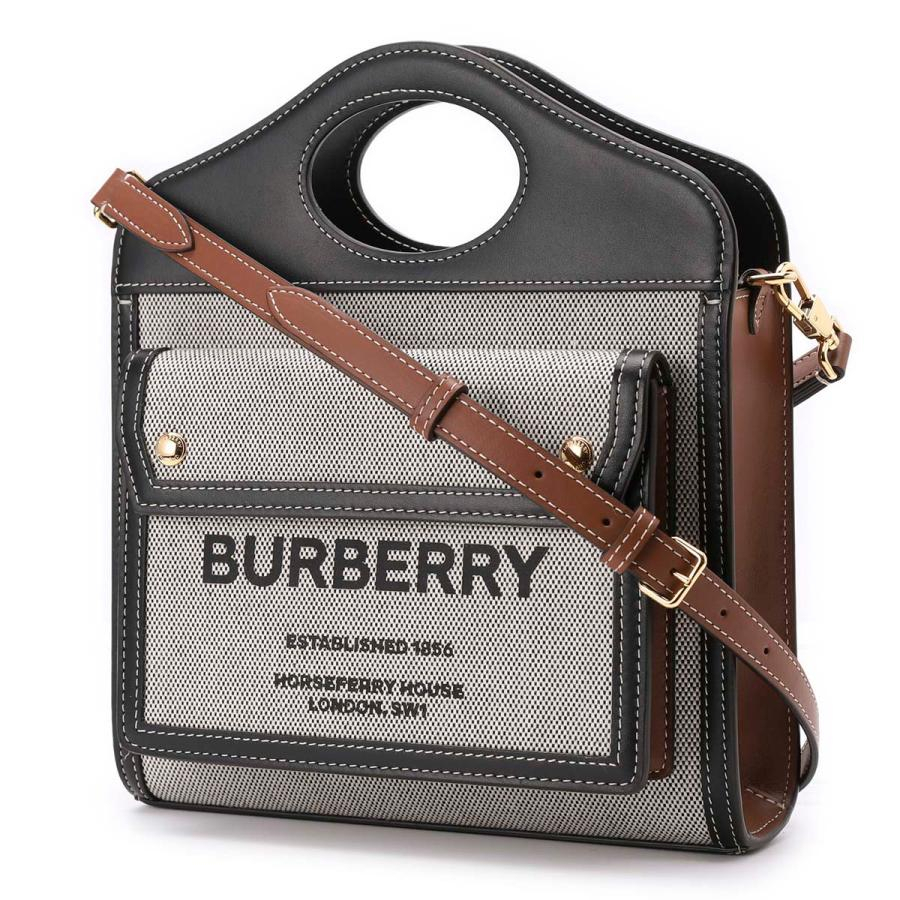 BURBERRY 專櫃款 Mini Pocket bag 帆布拼皮革三色手提/斜背口袋包 Horseferry 黑灰