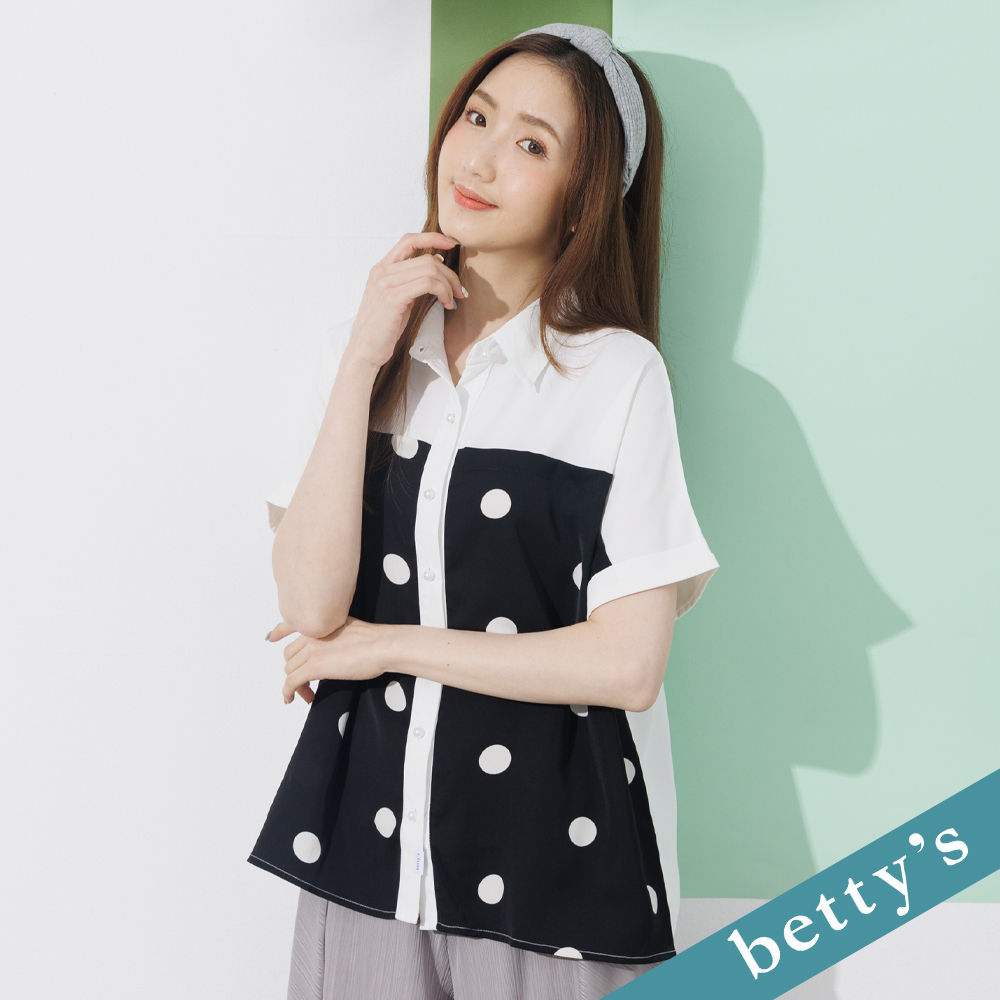 betty’s貝蒂思(21)點點拼接珍珠釦襯衫(黑色)