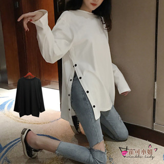 【崔可小姐】純色 圓領 個性寬鬆 開叉女裝上衣 長袖 T恤 長袖T【FH0073】