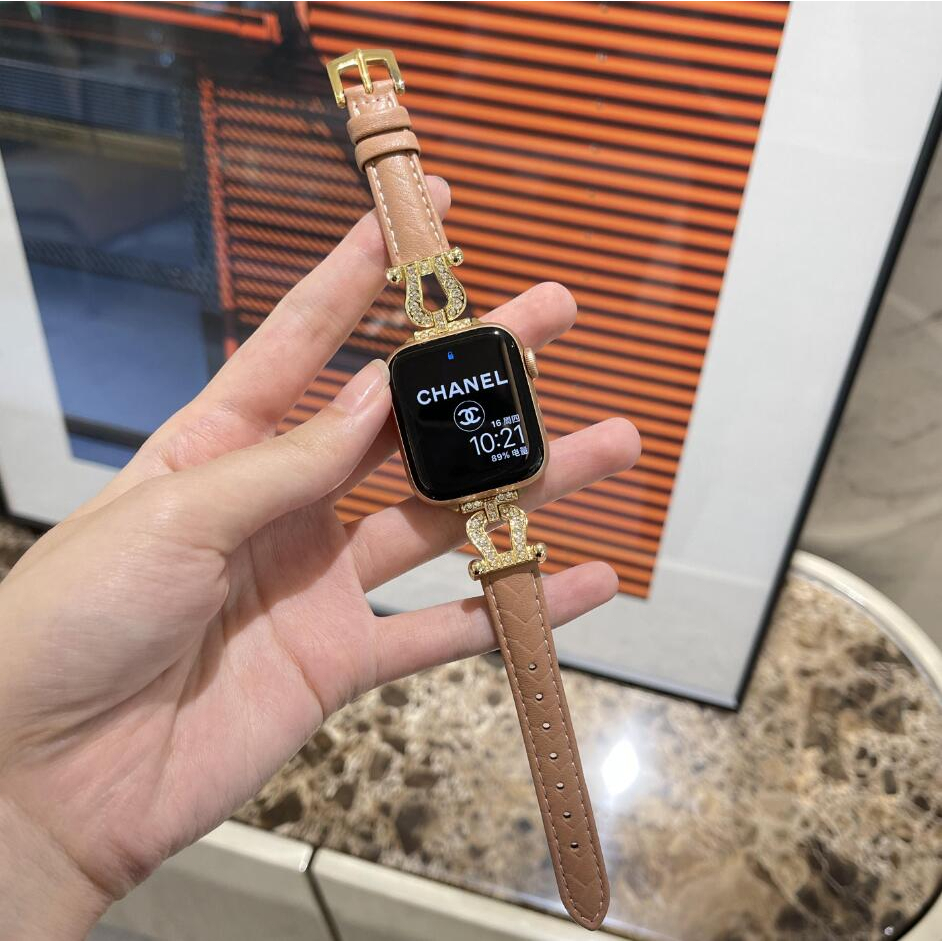 女士專屬款 鑲鑽U形扣 iwatch編織紋錶帶 SE 真皮錶帶 適用於 apple watch 錶帶 S8 S7真皮錶帶