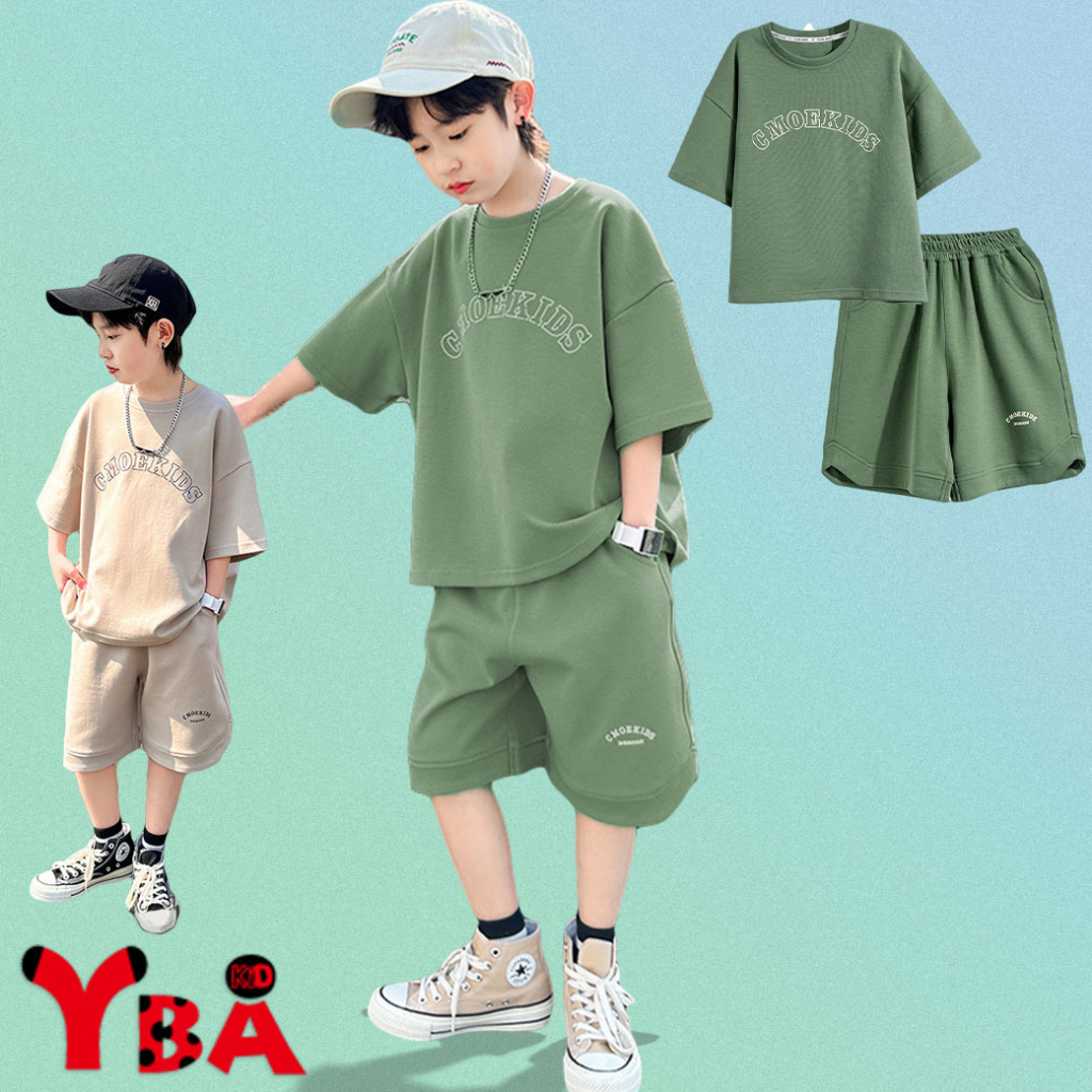 【YBA童裝】美式潮系落肩款寬鬆字母圖案短袖上衣+字母圖案短袖套裝(卡其/綠)04/25【K64048】[預購]