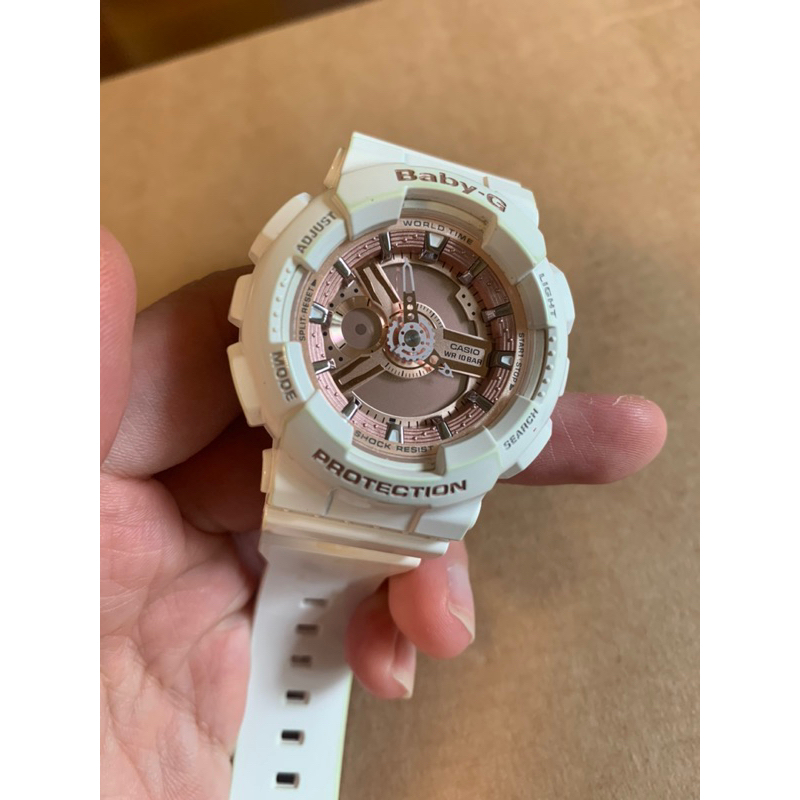 Baby-G 卡西歐 少女時代 二手 雙顯 橡膠手錶 玫瑰金x白 43mm(BA-110-7A1)