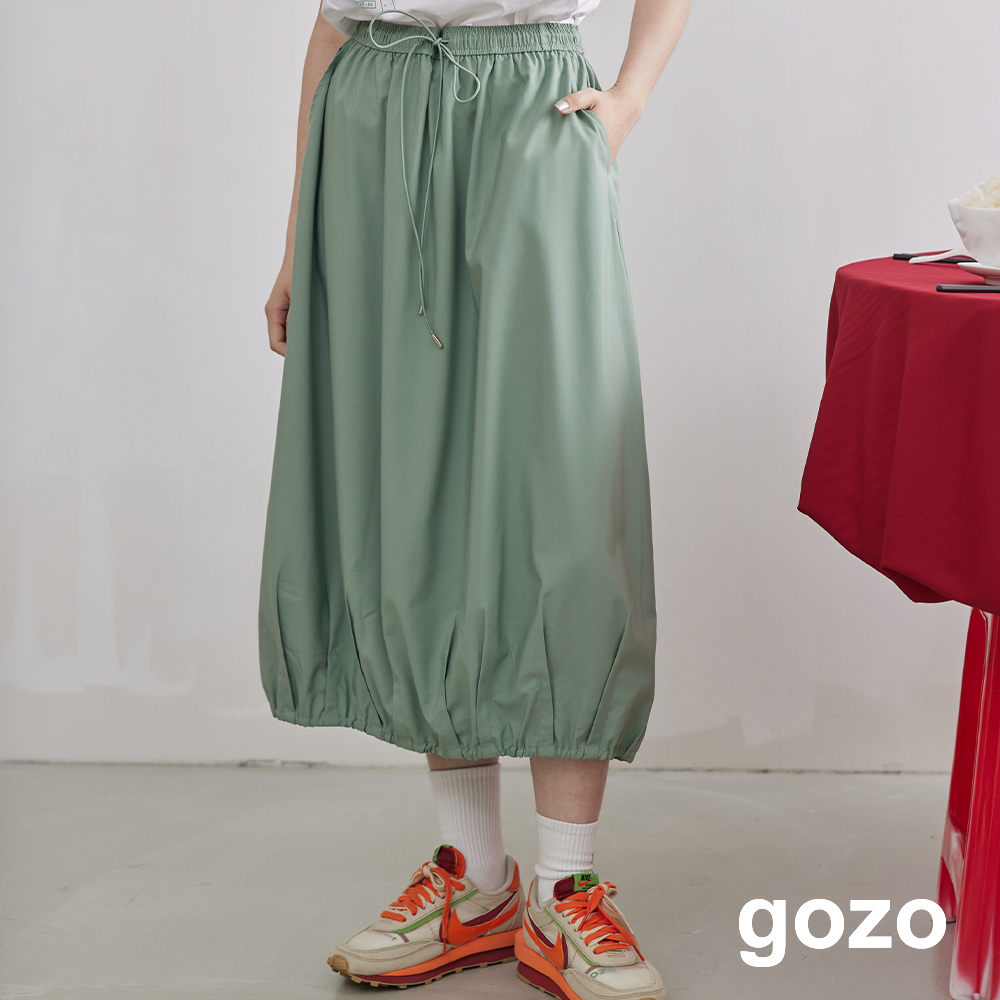 【gozo】立體抓褶下擺鬆緊氣球裙(黑色/綠色_F) | 女裝 修身 百搭