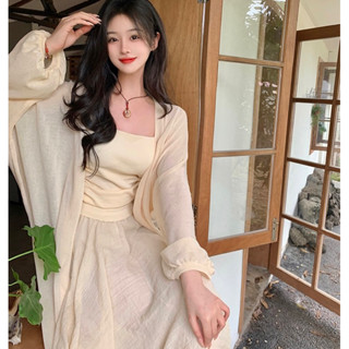 ❥長版澎袖素色罩衫外套〔4色〕❥春夏女裝新款韓版INS韓系女裝 渡假風 海邊 罩衫 薄外套 防曬外套 長版外套