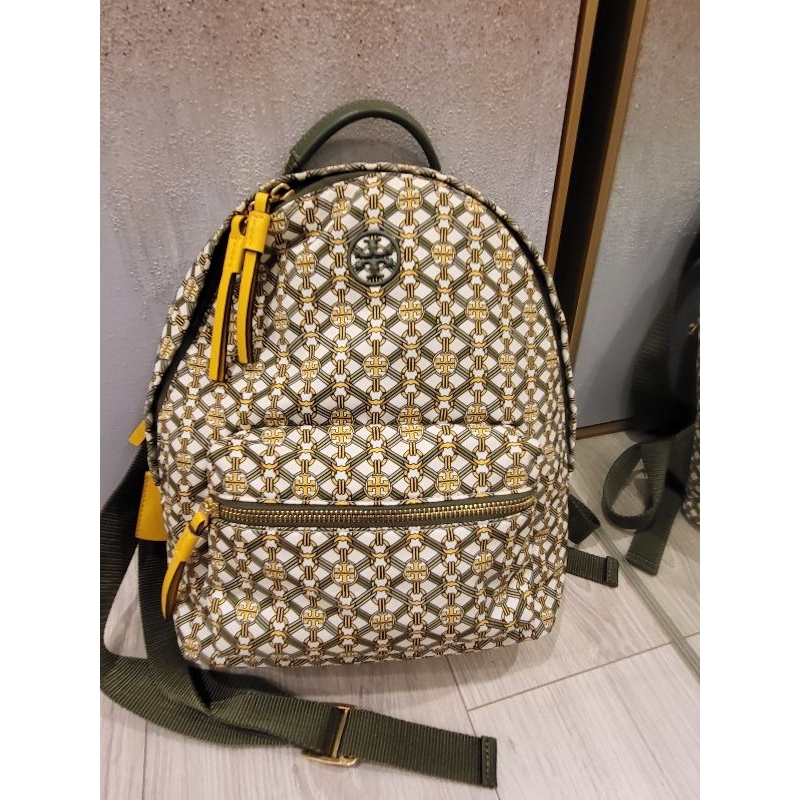 8成新真品Tory Burch Nylon backpack黃綠色尼龍小號後背包