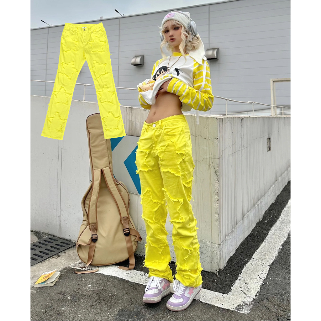 AONE4SURE yellow embroidered patch jeans | tubosoliveira.com.br
