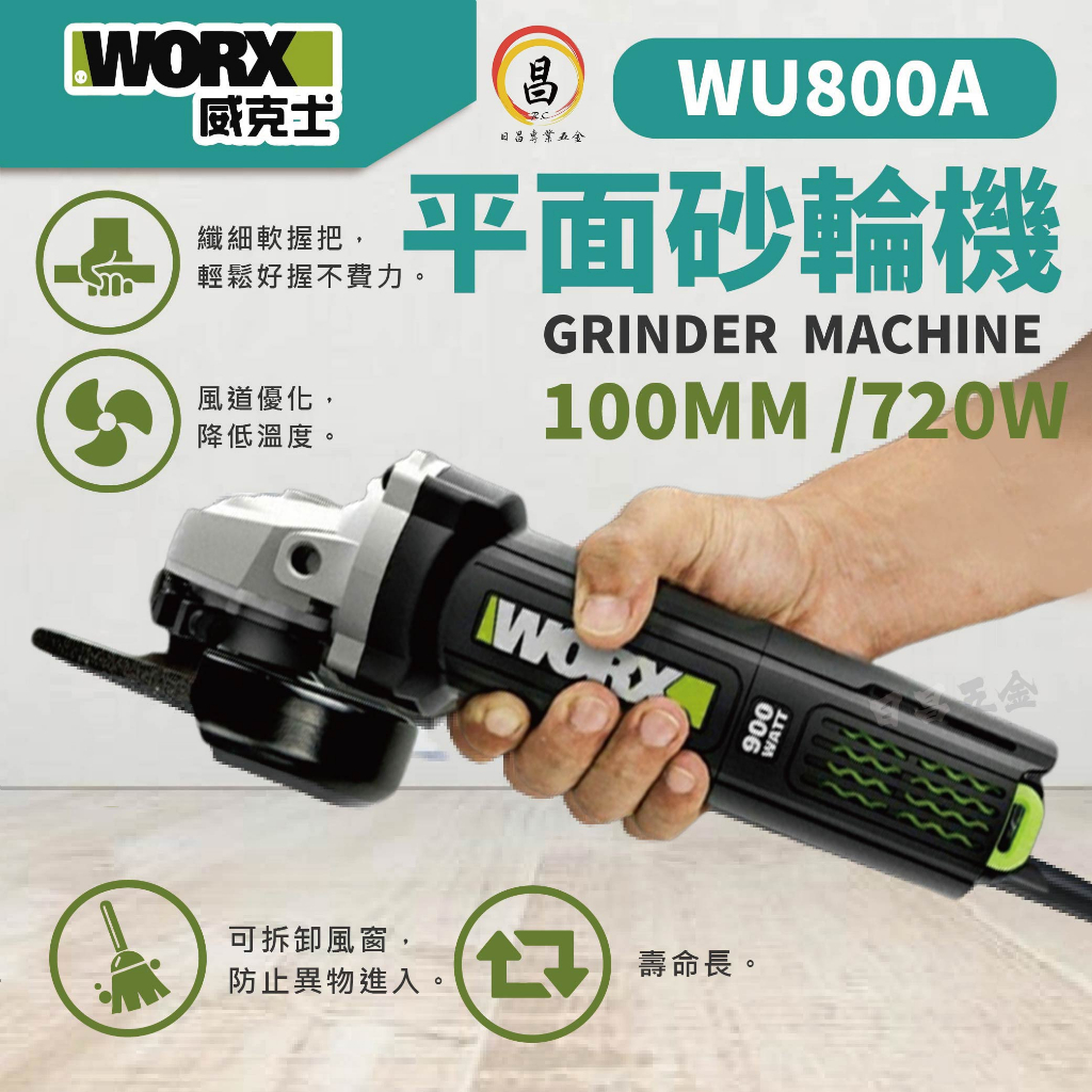 日昌五金 含稅 WORX威克士 附把手 WU800A 砂輪機 TS認證 磨切 研磨 角磨機 100MM 720W 細手