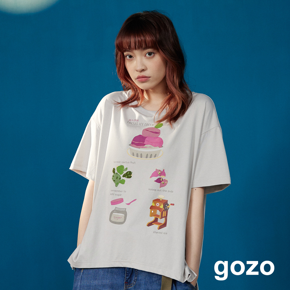 【gozo】仙人掌冰的做法印花T恤(灰色/白色_F) | 女裝 圓領 休閒