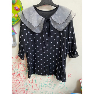 玻璃紗大翻領點點上衣、韓版全新網紗刺繡上衣