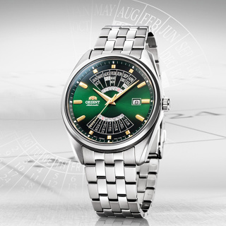 【ORIENT 東方錶】RA-BA0002E 日期星期顯示 萬年曆 鋼錶帶 機械男錶 綠/銀 43.5mm 台南時代鐘錶