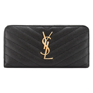 YSL MONOGRAM 金屬LOGOV字縫線牛皮拉鍊長夾(金X黑)｜100%原廠真品｜JS Maxx官方旗艦館