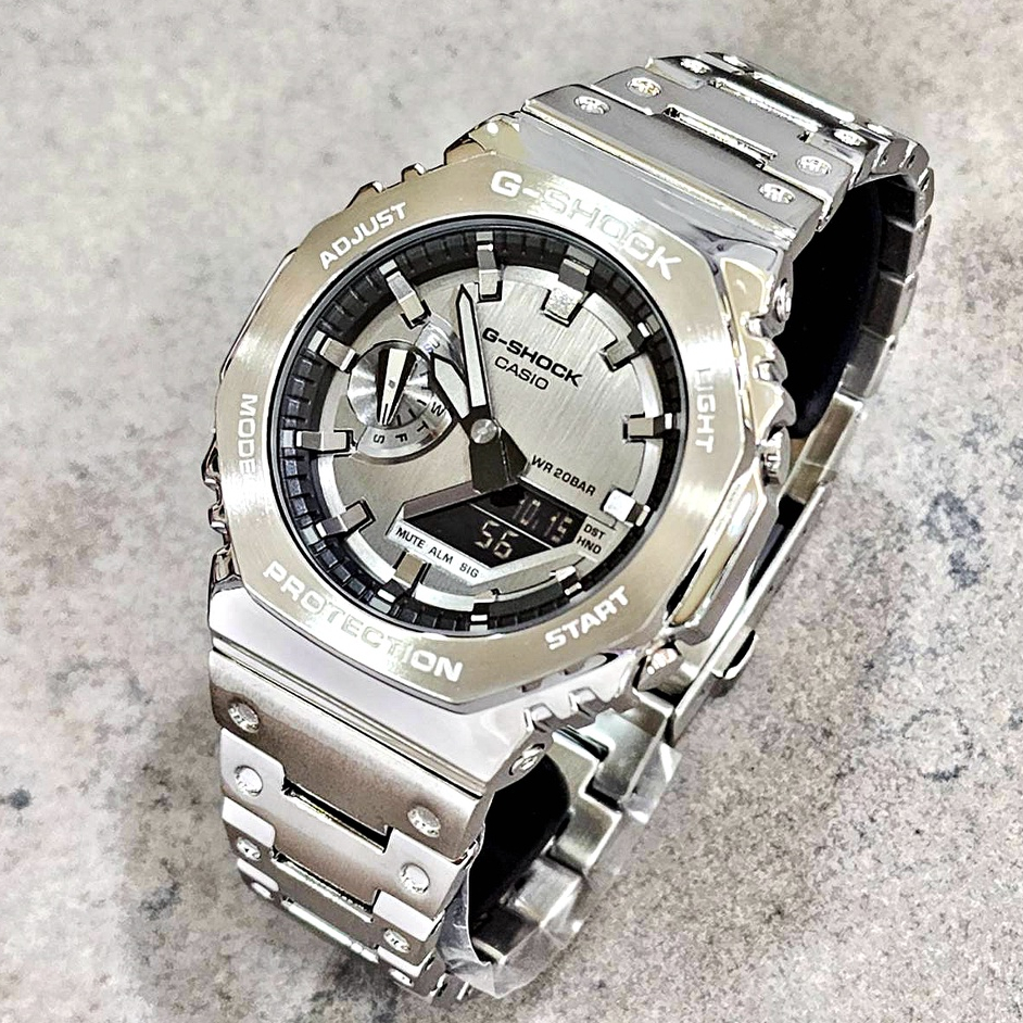 【CASIO】G-SHOCK GM-2100-1A 改裝GM-B2100全金屬款/GM-2100專用金屬錶帶(銀)