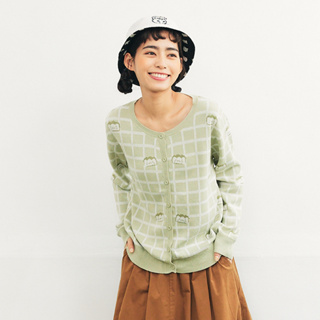 【Dailo】笑臉吐司格紋長袖針織衫外套 綠 駝 紫 (魅力商品)