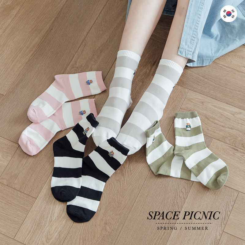 [明天出貨] Space Picnic｜正韓-小熊條紋短襪-4色(現貨)【K23042050】