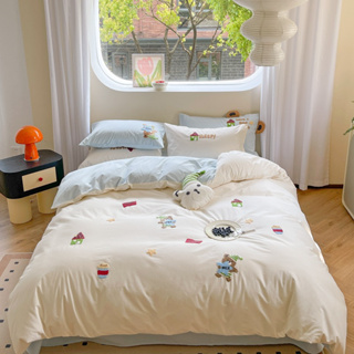 「chili」晚安小熊 毛巾繡 藍白 素色 可愛 純棉 簡約 床罩 床包 四件套 雙人床包 加大雙人 單人床包