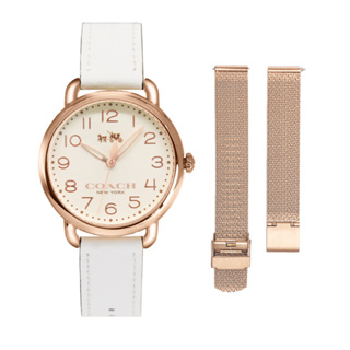 【COACH】玫瑰金框 米白面 經典馬車 白色皮革錶帶 女錶 贈玫瑰金米蘭錶帶(14502716)