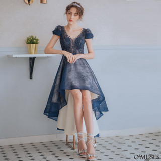 【OMUSES】手工V領蕾絲前短後長藍色禮服19-5104