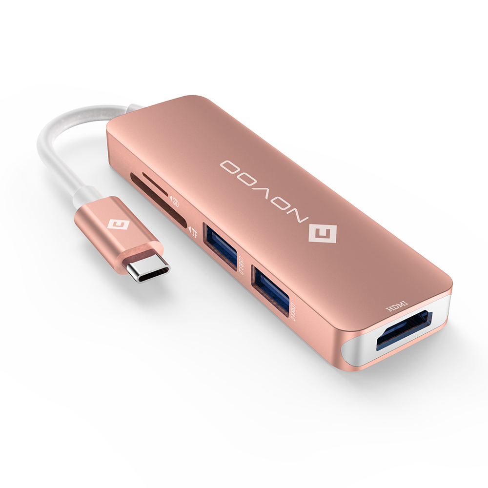 【NOVOO】USB Type-C HUB五合一多功能集線器/讀卡機-綠/粉( MacBook好搭檔)【杰鼎奧拉】