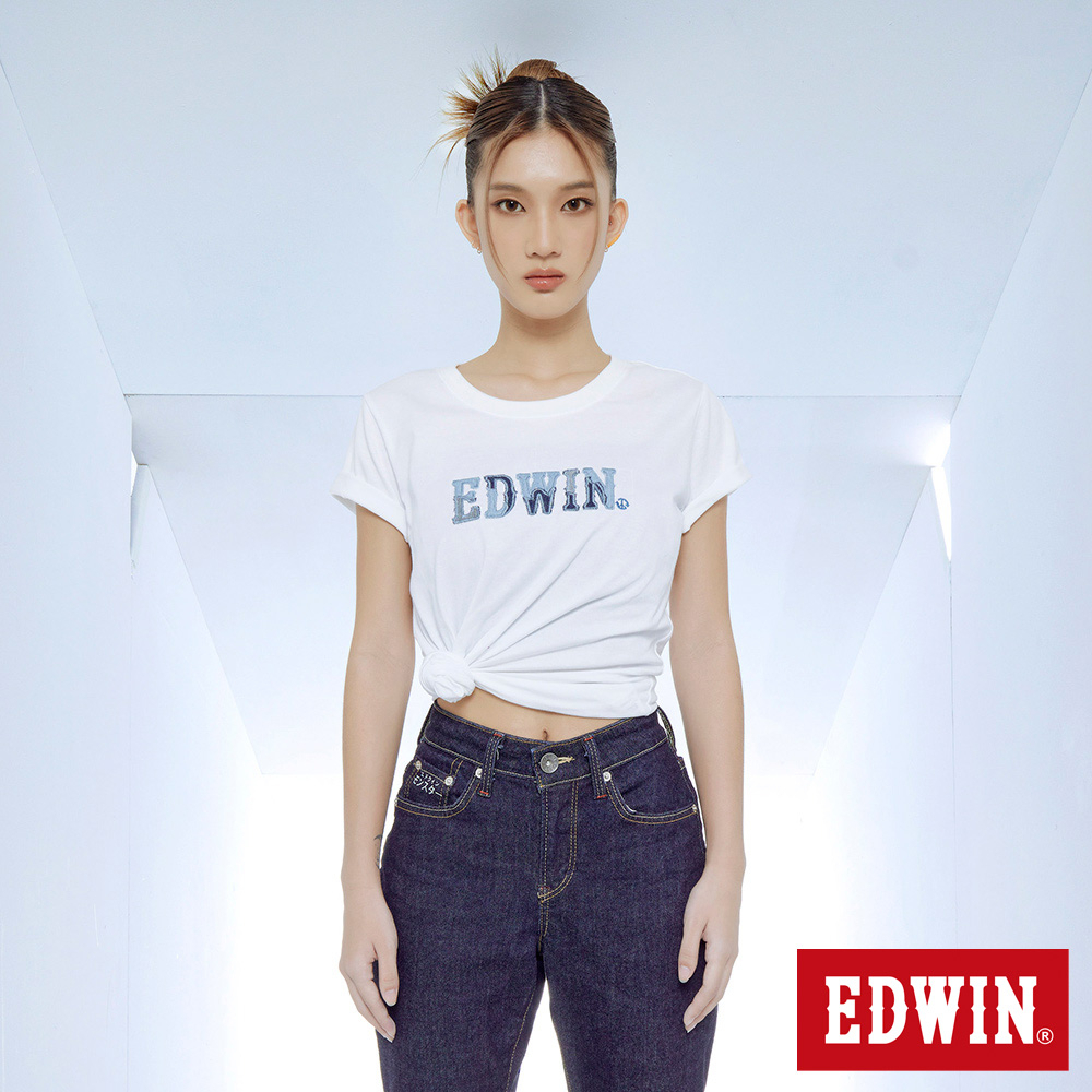 EDWIN 拼布LOGO短袖T恤(白色)-女款