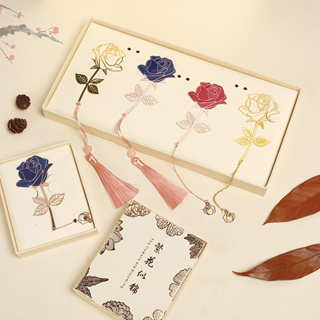 【CHL】創意四色玫瑰花 流蘇鏈條薄片書簽-禮盒裝 中國 禮品 漸層 紅 藍 金