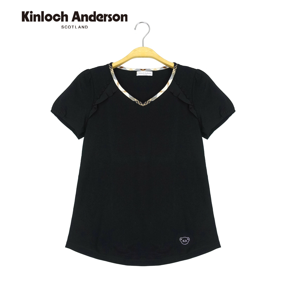 【金安德森女裝】 V領上衣 優雅剪接肩荷葉短袖T恤 (黑) KA075301888 Kinloch Anderson