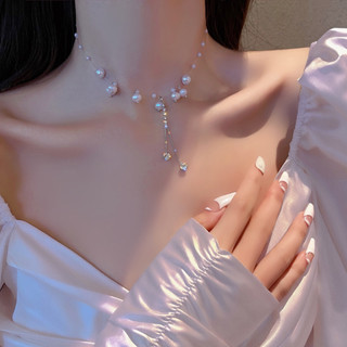 臺灣現貨💕隔日配達💕人魚的眼淚~天然珍珠閃鑽流蘇項鍊女2022年新款輕奢小眾短款頸鏈 鎖骨項鍊女