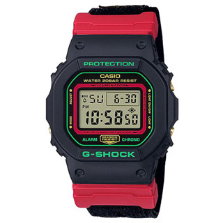 【CASIO】卡西歐 G-SHOCK 聖誕風格方框帆布錶帶電子錶-黑 DW-5600THC-1 臺灣卡西歐保固一年